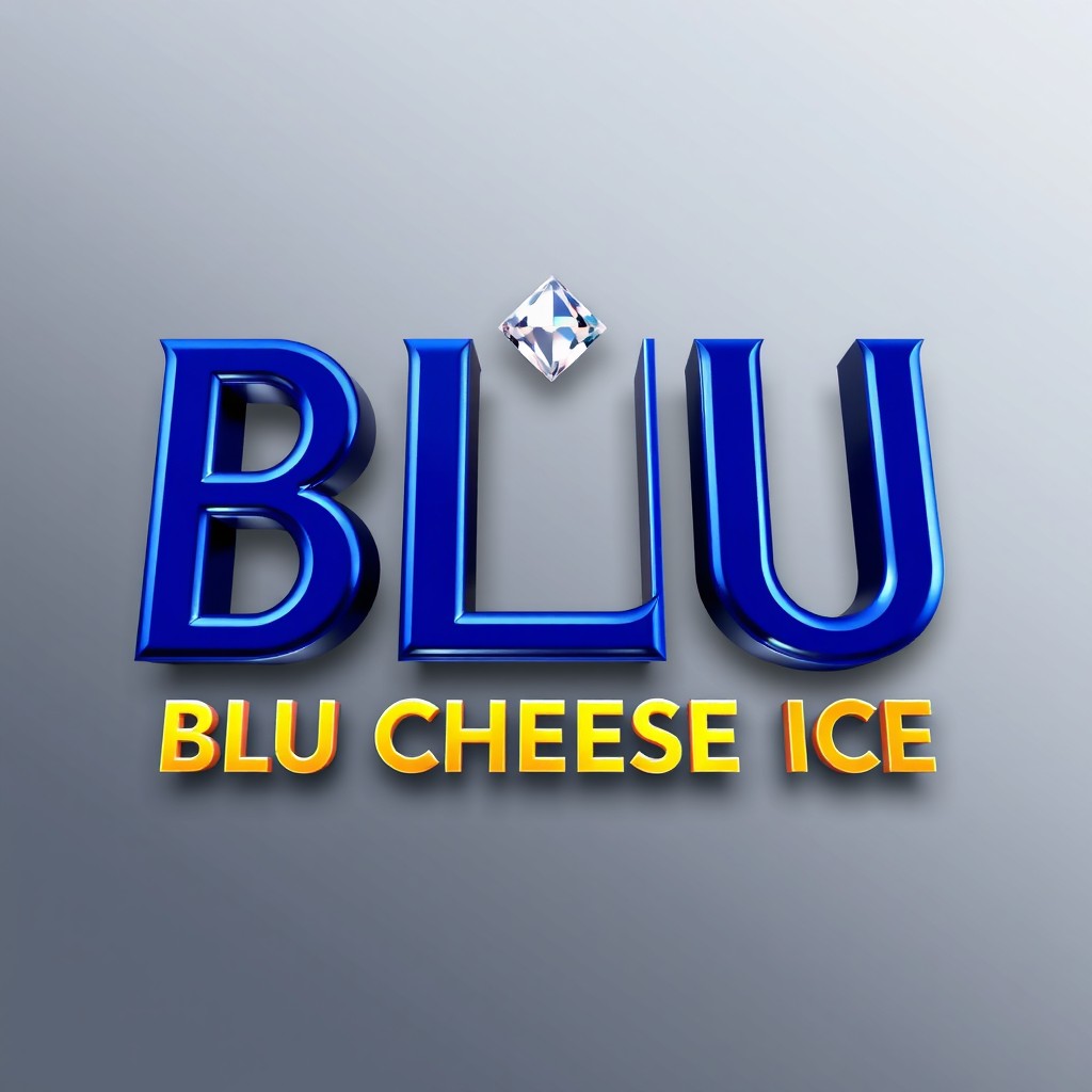 A stylish and elegant composition featuring the letters "BCI BLU CHEESE ICE" arranged in a diamond shape, with a small diamond gem perched delicately on top of the letter "I"