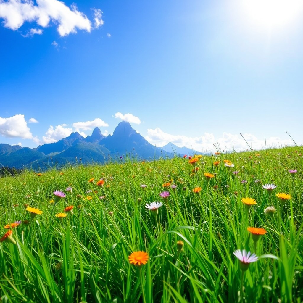 A vibrant landscape featuring a lush green meadow under a bright blue sky, where the sun is shining down on colorful wildflowers in full bloom