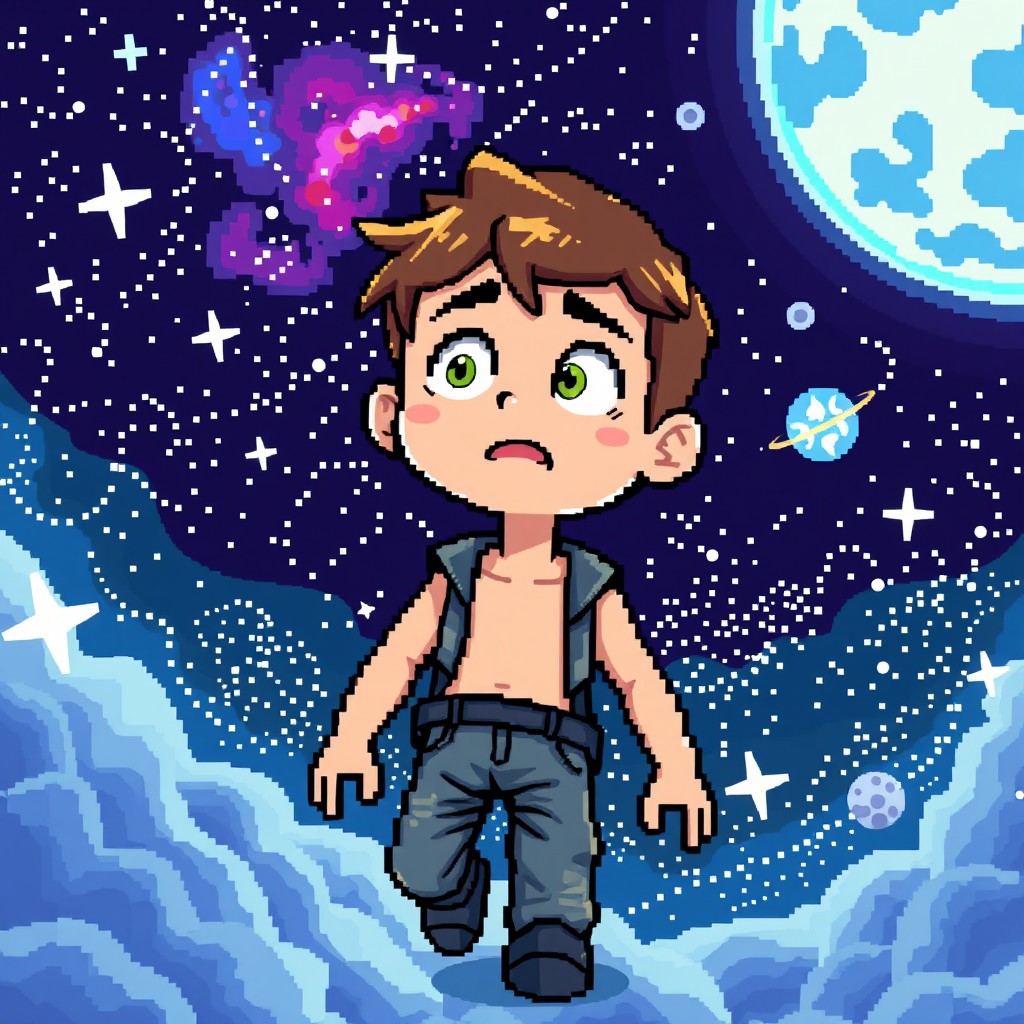 A pixel art scene depicting a human character stranded in the vastness of space, without a space suit