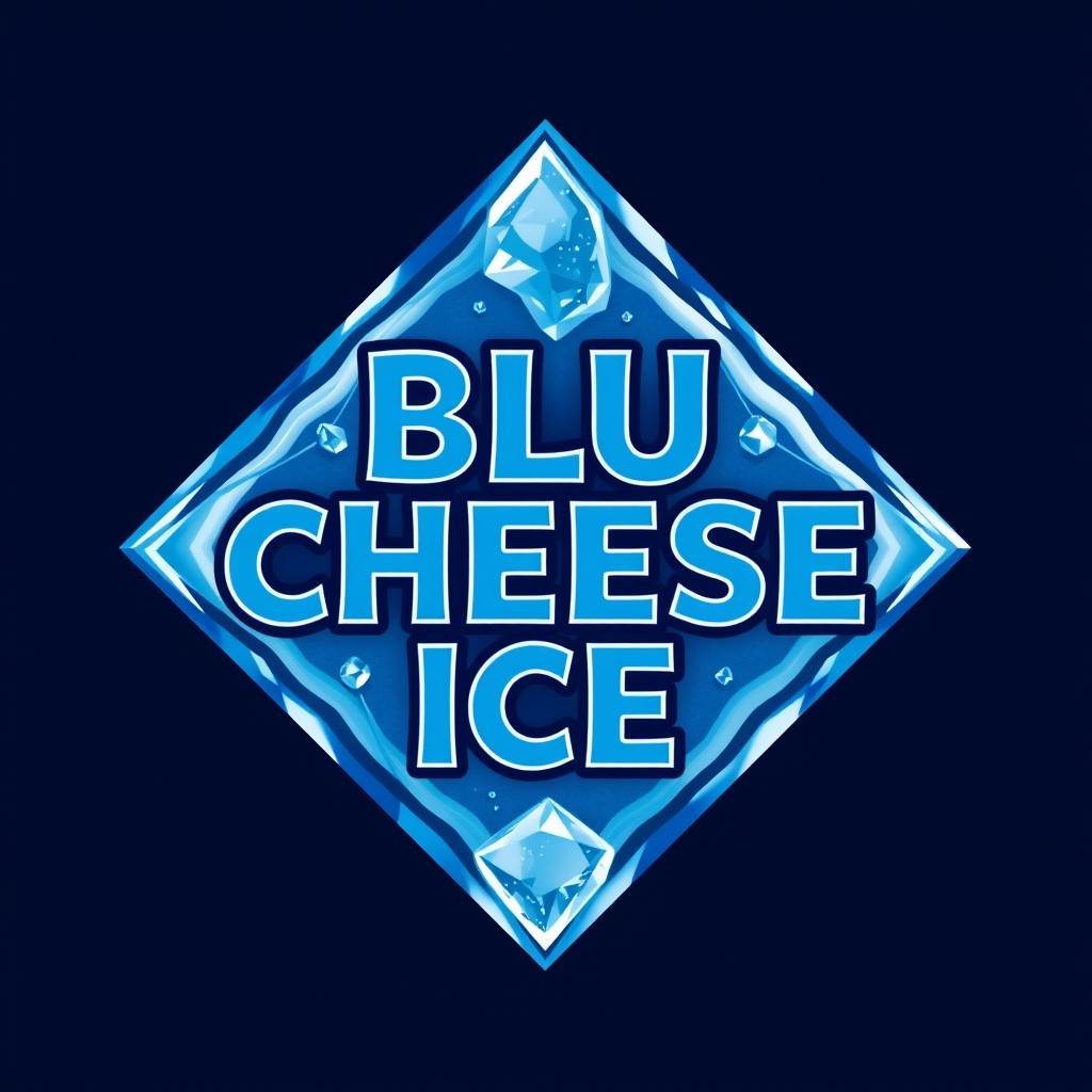A diamond-shaped design featuring the bold, stylized letters "BLU CHEESE ICE" prominently displayed