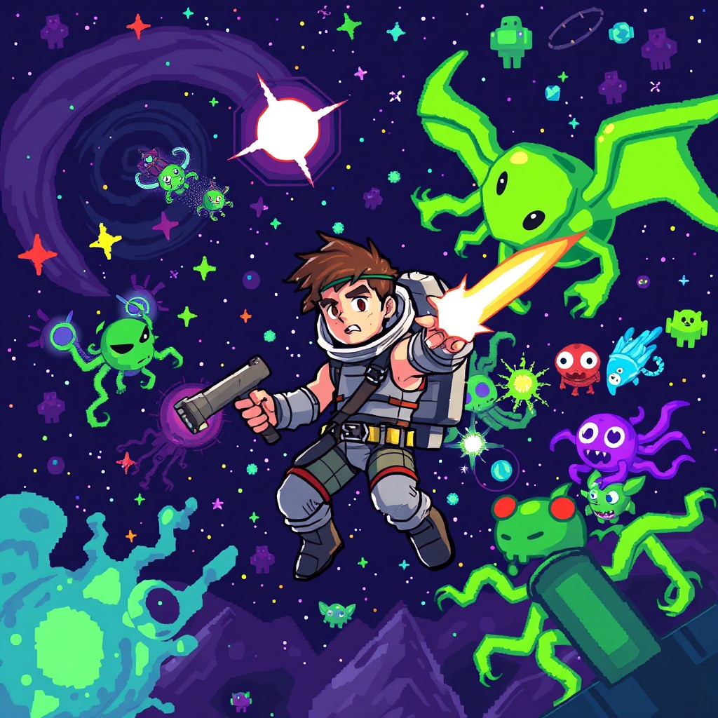 A dynamic pixel art scene featuring a human character, without a space suit, stranded in the middle of space, engaged in an intense battle against colorful, pixelated alien creatures