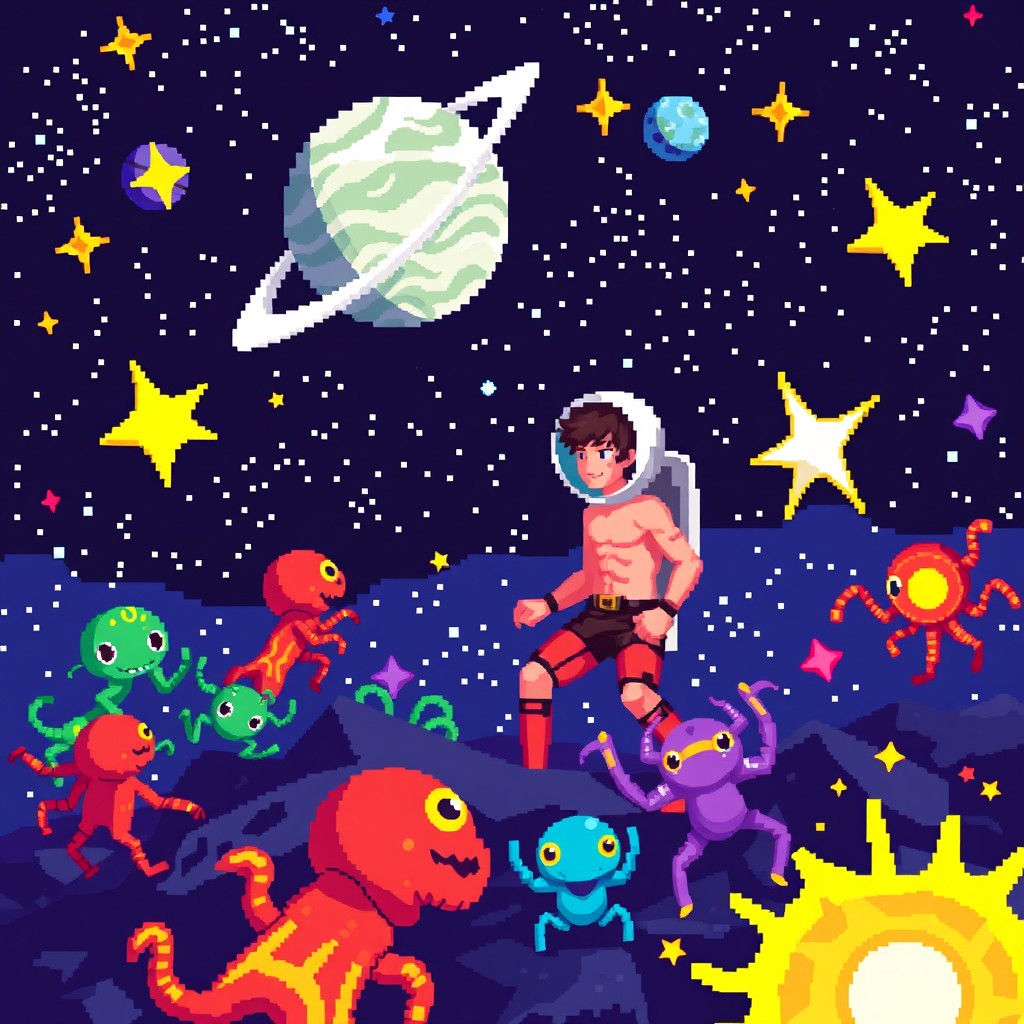A pixel art scene depicting a human character stranded in the vastness of space, surrounded by colorful alien creatures