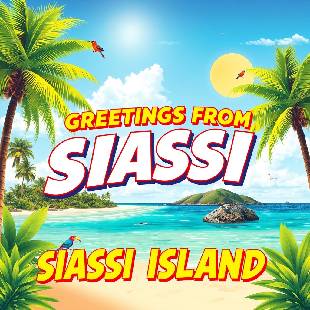 A vibrant and artistic postcard design featuring 'GREETINGS FROM SIASSI ISLAND'