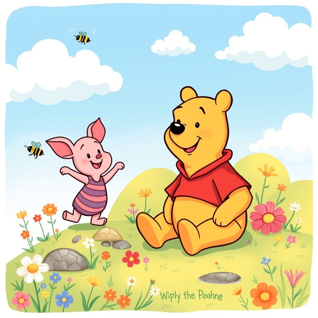 A whimsical illustration of Winnie the Pooh sitting in his iconic red shirt, cheerfully surrounded by colorful flowers and buzzing bees in a sunny Hundred Acre Wood