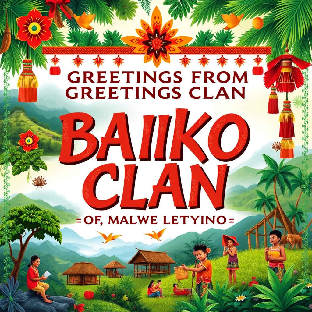 A vibrant and colorful A4 poster designed for 'GREETINGS FROM BAIKO CLAN of TARAWE VILLAGE, MALA MOT YONG'
