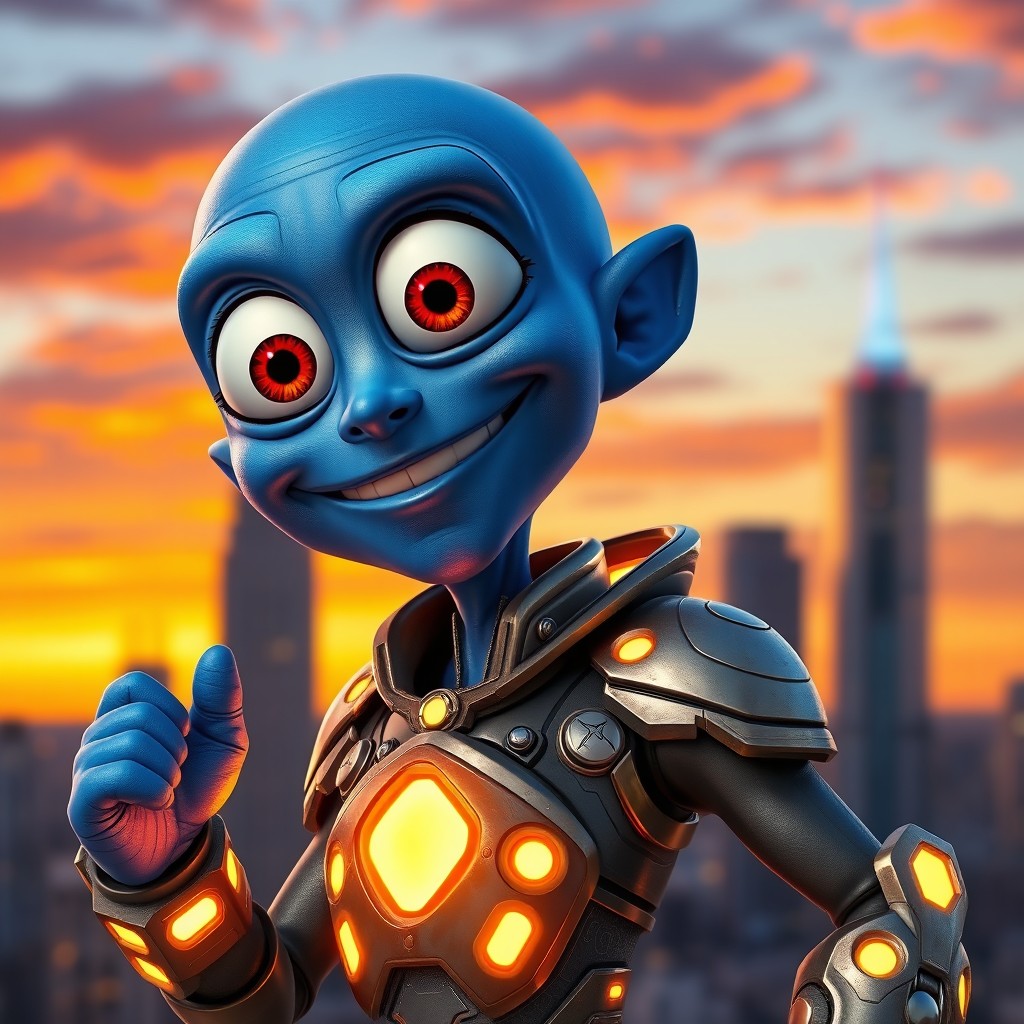 A character with blue skin reminiscent of Megamind, featuring large expressive eyes and a playful smile