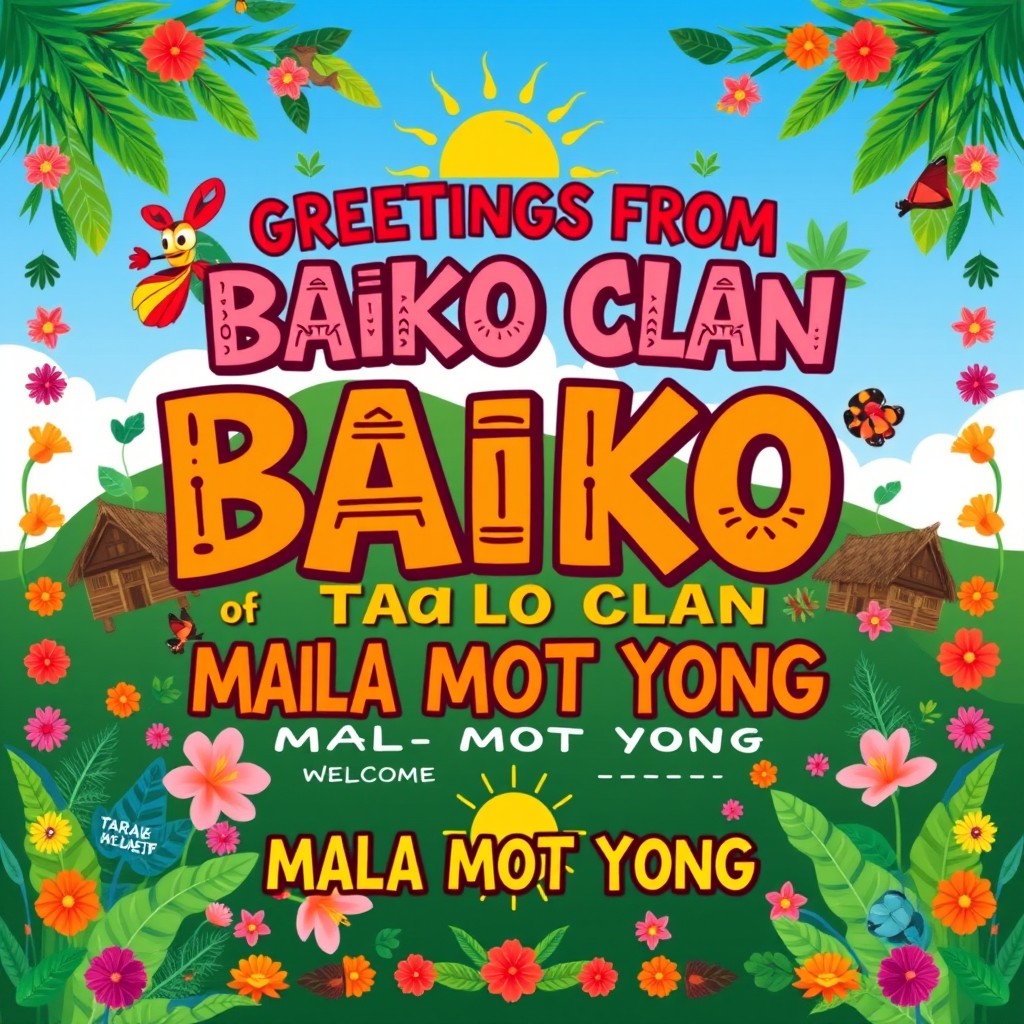 A vibrant and colorful A4 poster design for the theme 'GREETINGS FROM BAIKO CLAN of TARAWE VILLAGE