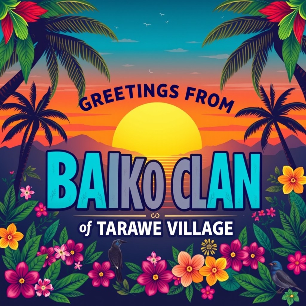 A vibrant and colorful graphic design featuring the phrase 'GREETINGS FROM BAIKO CLAN of TARAWE VILLAGE' prominently displayed in bold, stylized font
