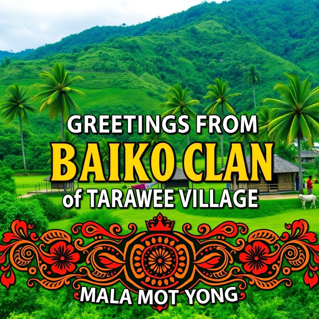 A vibrant and colorful design featuring the phrase 'GREETINGS FROM BAIKO CLAN of TARAWE VILLAGE' prominently displayed