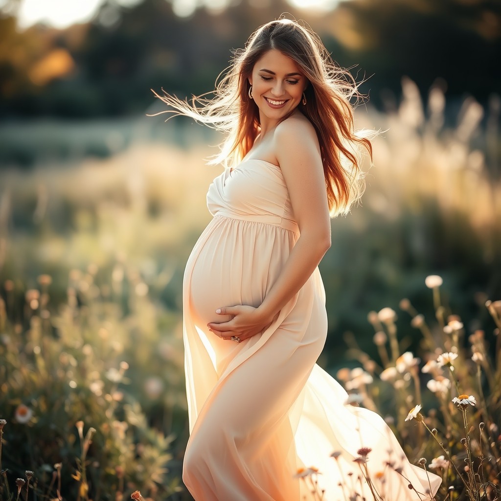 A beautiful pregnant woman standing gracefully in a serene outdoor setting, wearing a flowing, elegant dress that highlights her baby bump