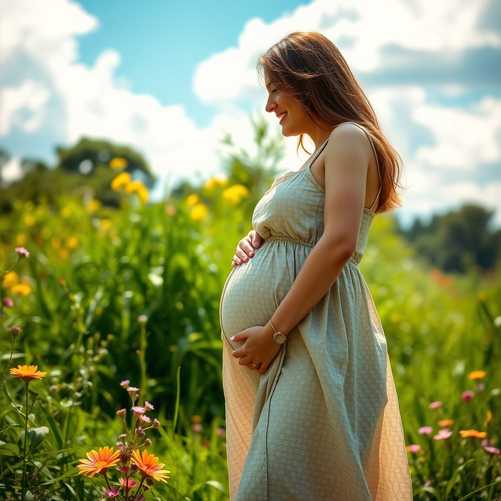 A beautiful and serene scene of a pregnant woman in a sundress enjoying a sunny day in a lush green park, her hands lovingly cradling her baby bump