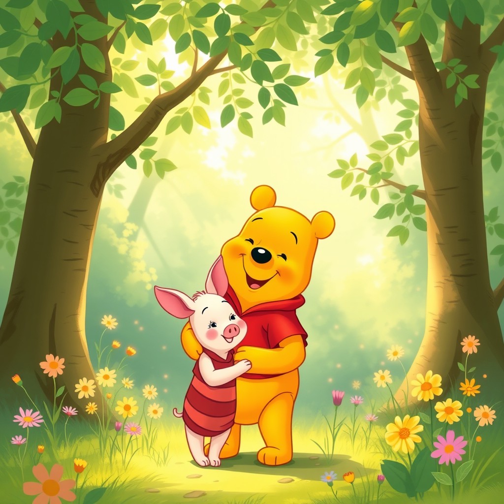A whimsical and charming illustration of Winnie the Pooh and Piglet from the classic Soviet animated series, showcasing their friendship in a lush, green forest setting