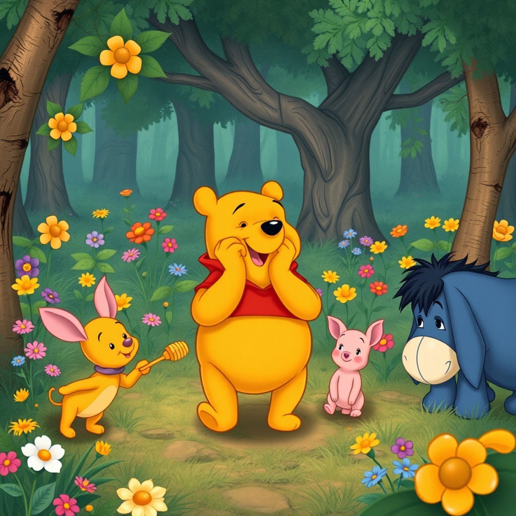 A nostalgic depiction of characters from the Soviet animated series 'Winnie the Pooh,' featuring the charming and whimsical design style of the classic animation