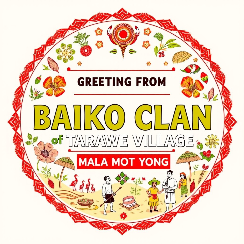 A vibrant and colorful design featuring the text 'GREETINGS FROM BAIKO CLAN of TARAWE VILLAGE