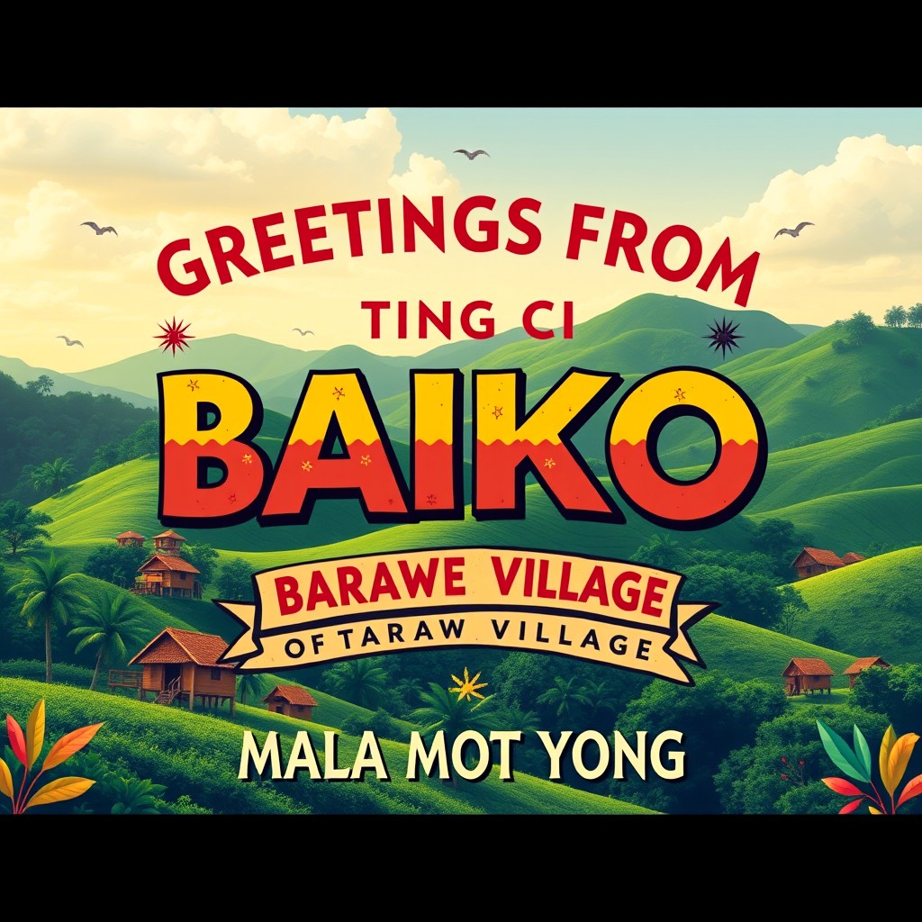 A vibrant and colorful design featuring the phrase 'GREETINGS FROM BAIKO CLAN OF TARAWE VILLAGE' in bold, eye-catching typography