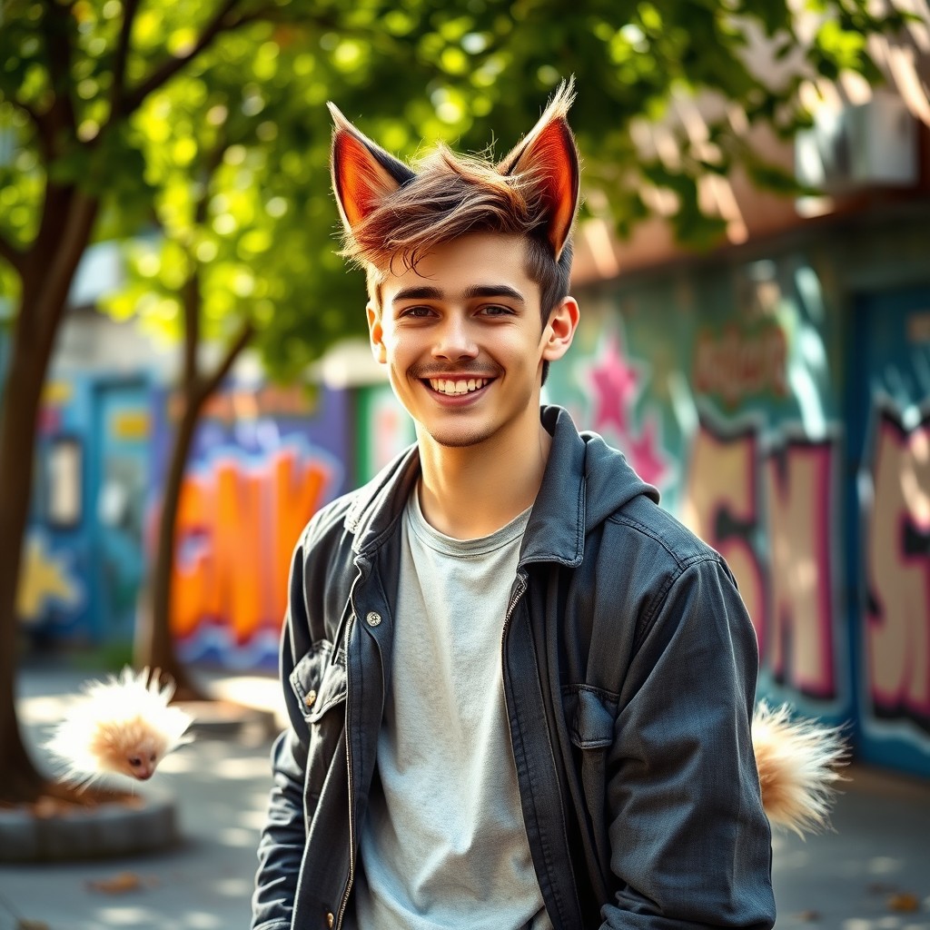 A charismatic young man with playful cat ears and a fluffy tail, standing confidently in a vibrant urban setting