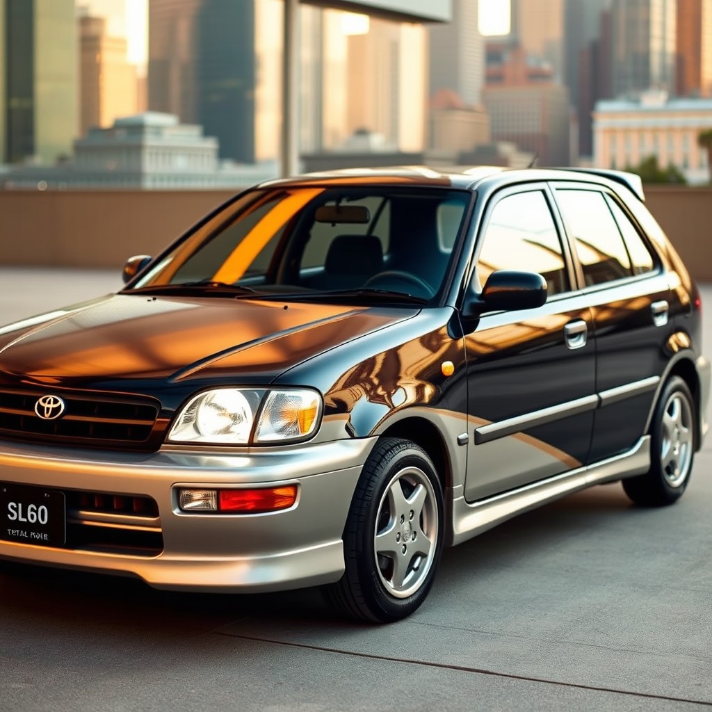 A vintage 2001 Toyota car, showcasing its classic design with streamlined curves and a retro aesthetic, yet adorned with modern external touches like sleek LED headlights, a contemporary paint job combining deep metallic colors, and stylish alloy wheels