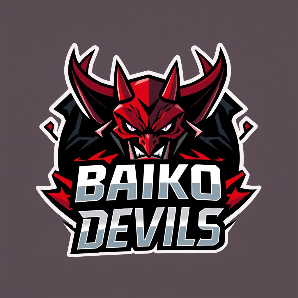A bold and dynamic logo design for the 'BAIKO DEVILS', featuring a stylized devil character that incorporates elements of technology and gaming