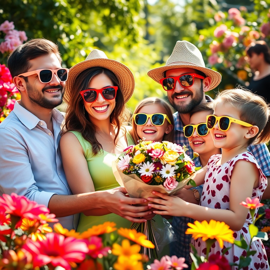 A joyful family celebrating Mother's Day, wearing colorful glasses, surrounded by vibrant flowers