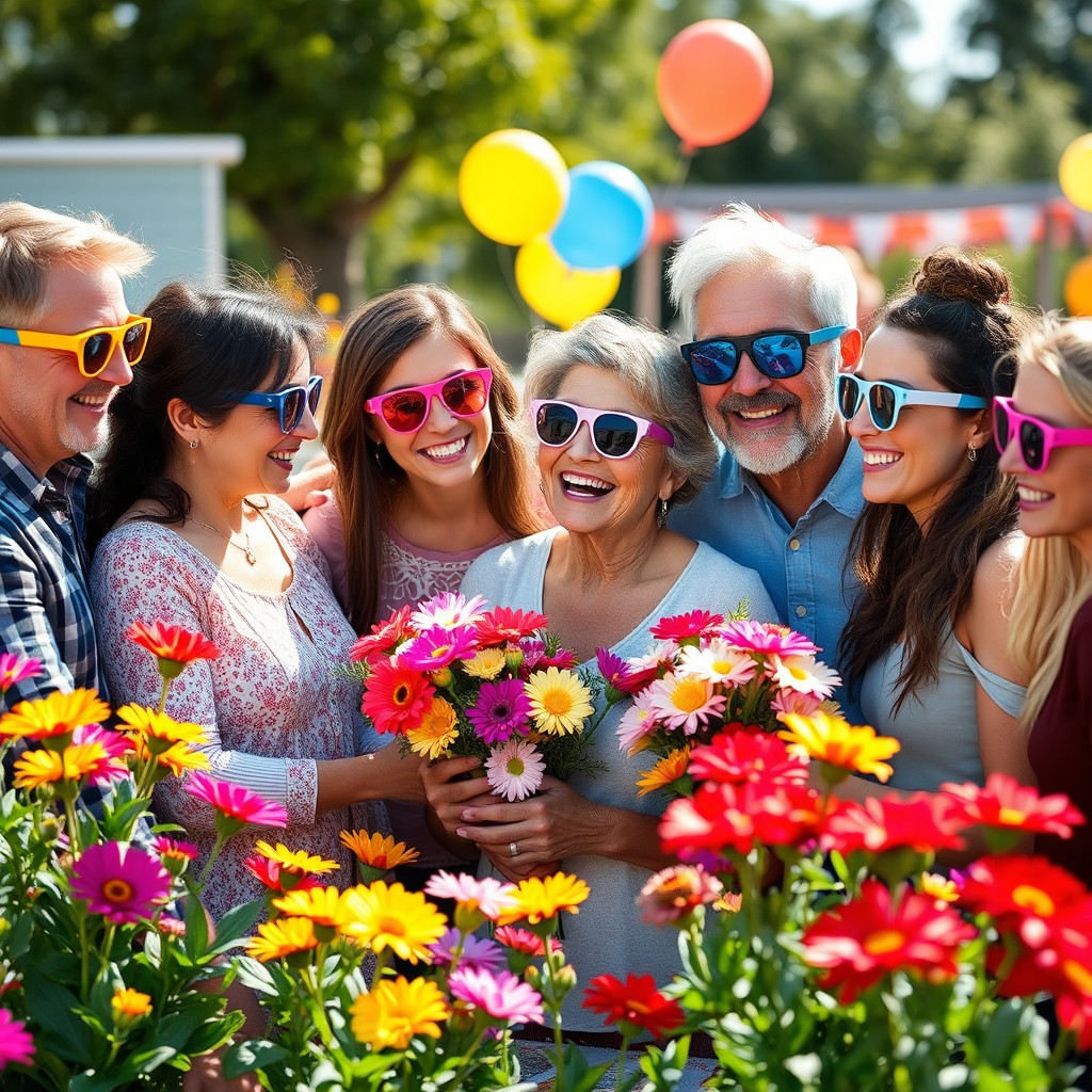 A joyful family celebration for Mother's Day outdoors, featuring a diverse group of family members wearing colorful festive glasses, surrounded by vibrant flowers in full bloom