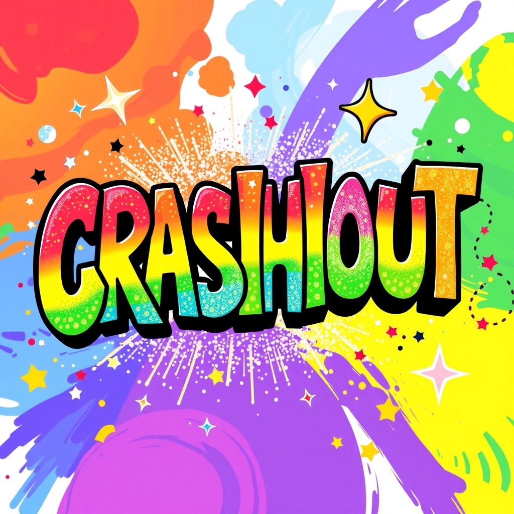 An artistic and colorful design featuring the word 'CRASHOUT' spelled out in bold, playful typography