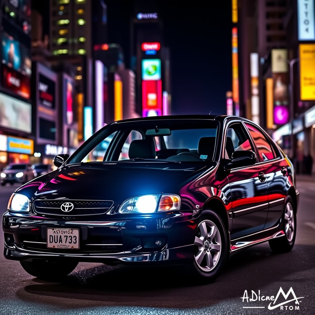A 2001 Toyota Corolla, painted in a glossy black finish, prominently displayed at night in a vibrant cityscape