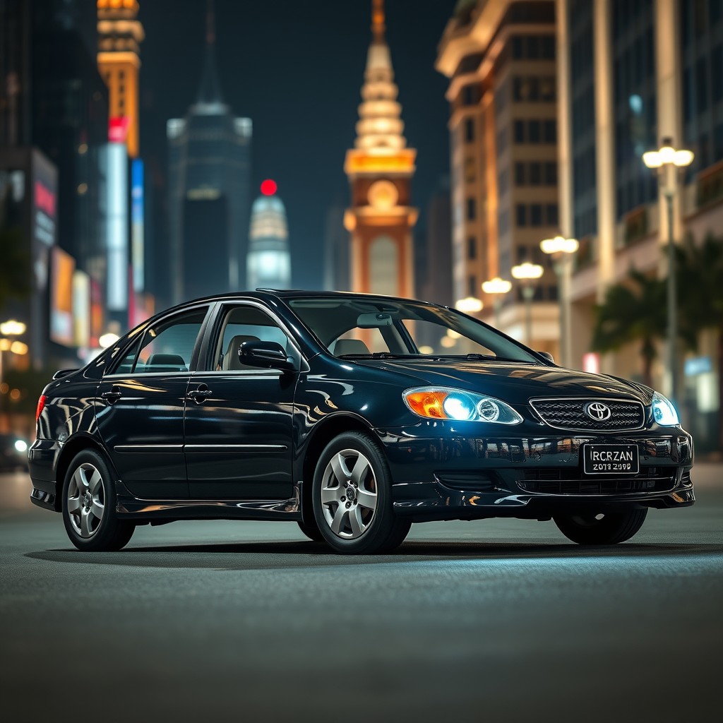 A 2002 Toyota Corolla, presented in a sleek, glossy black finish, prominently displayed at night within a bustling cityscape