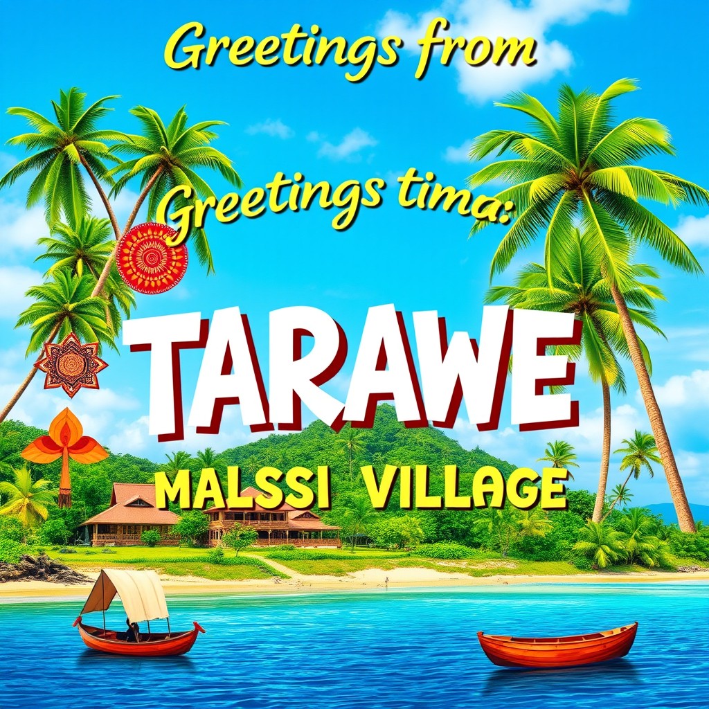 A vibrant and colorful poster design featuring the phrase 'Greetings from TARAWE VILLAGE - MALA MOT YONG - SIASSI ISLAND'