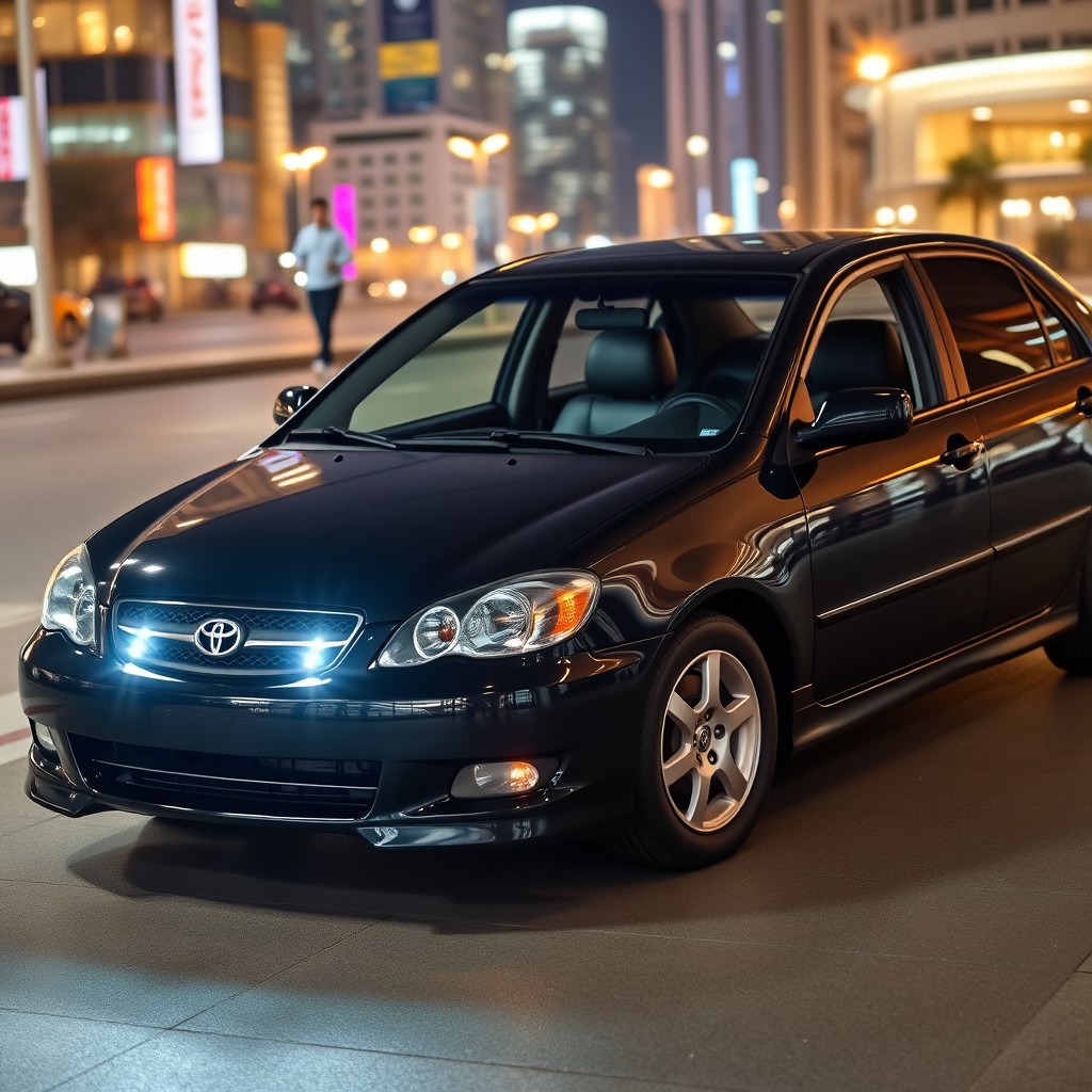 A 2002 Toyota Corolla, showcasing a sleek, glossy black exterior, prominently featured at night in a lively city setting