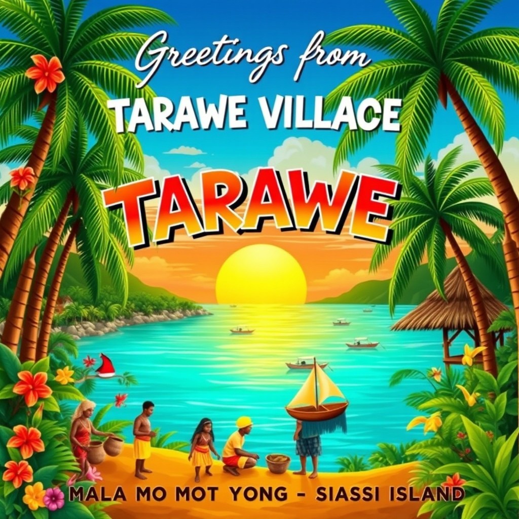 A vibrant, artistic poster titled 'Greetings from TARAWE VILLAGE - MALA MOT YONG - SIASSI ISLAND'