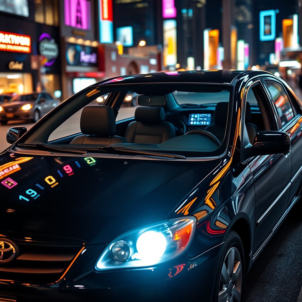 A 2002 Toyota Corolla, featuring a sleek, glossy black exterior, showcased at night within a vibrant city setting
