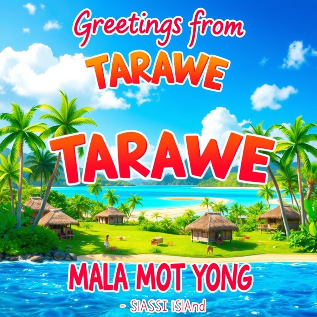 A vibrant and colorful poster featuring the phrase "Greetings from TARAWE VILLAGE - MALA MOT YONG - SIASSI ISLAND" at the top in playful, bold lettering
