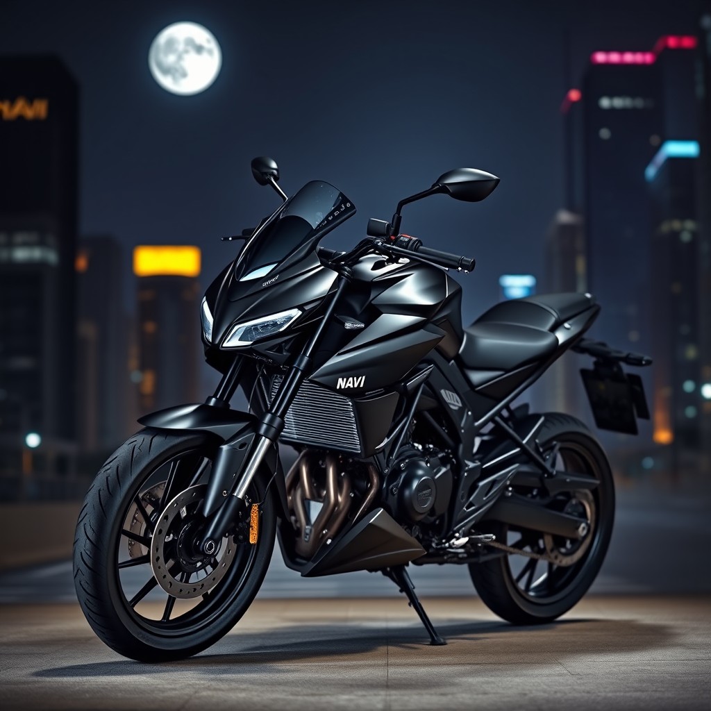 A Navi motorcycle styled like a Yamaha, showcasing a sleek, all-black exterior