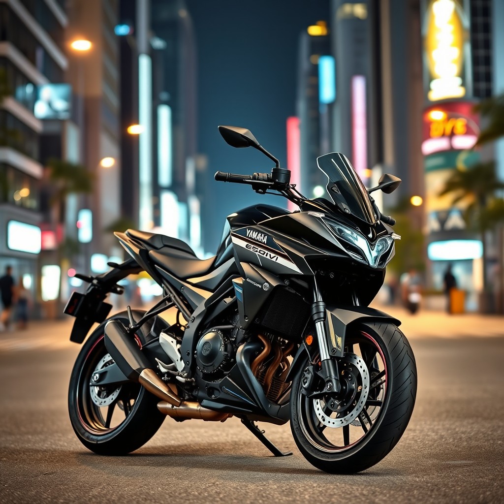 A Yamaha Navi-styled motorcycle, featuring a sleek all-black design, prominently displayed at night within an urban cityscape