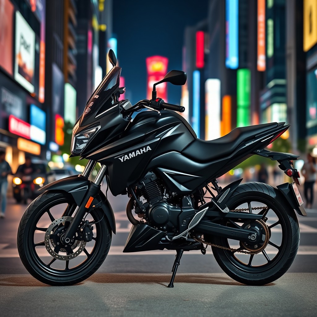 A Yamaha motorcycle designed in the style of a Honda Navi, featuring a sleek, all-black body