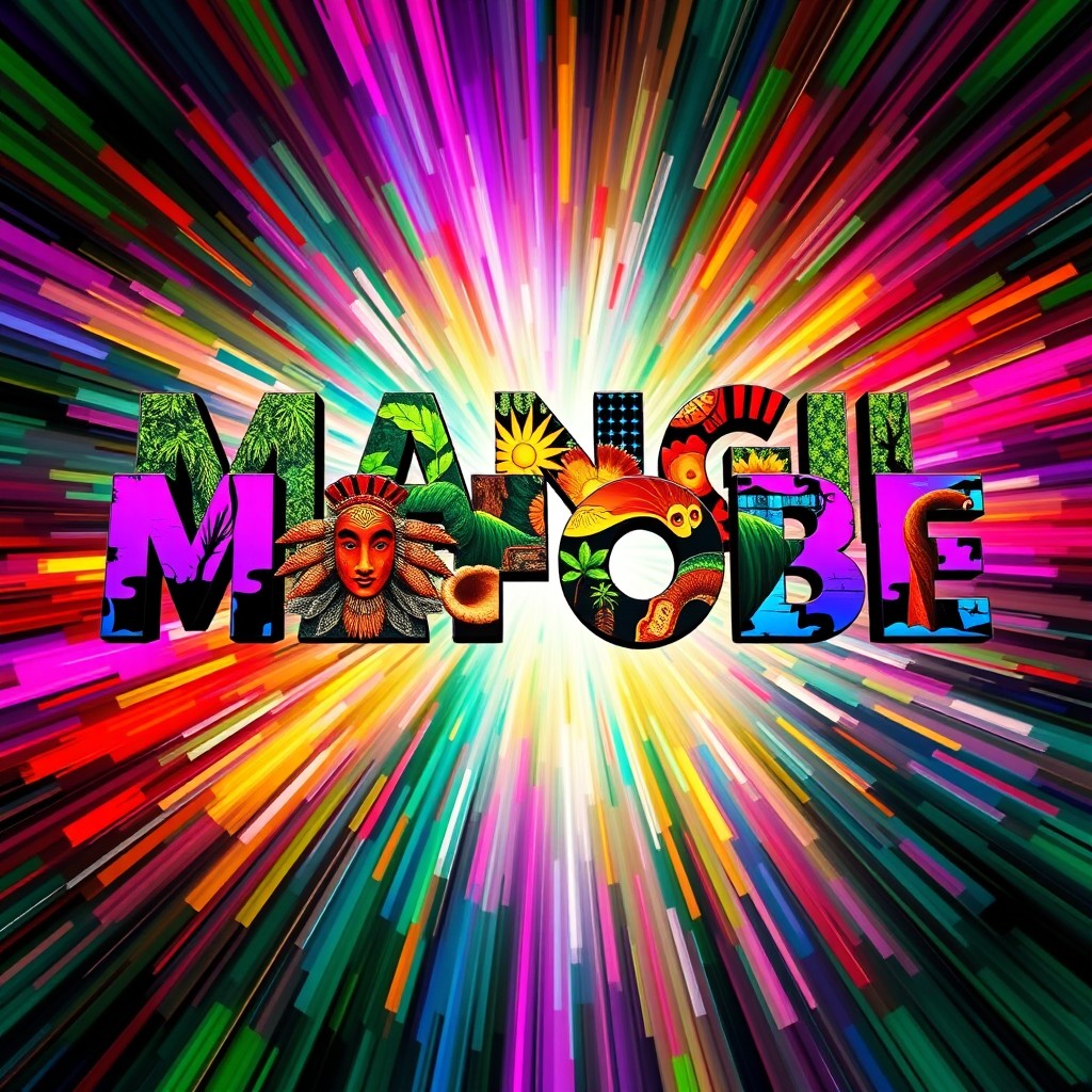 A striking design poster of 'MANGI MOROBE', featuring a vibrant and colorful representation of the name in bold, artistic typography