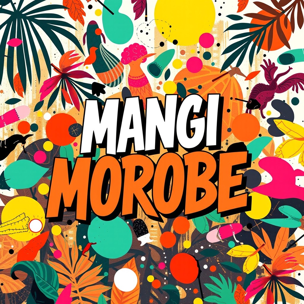 A vibrant and creative poster design for MANGI MOROBE, featuring bold typography with the name 'MANGI MOROBE' in an artistic and eye-catching font