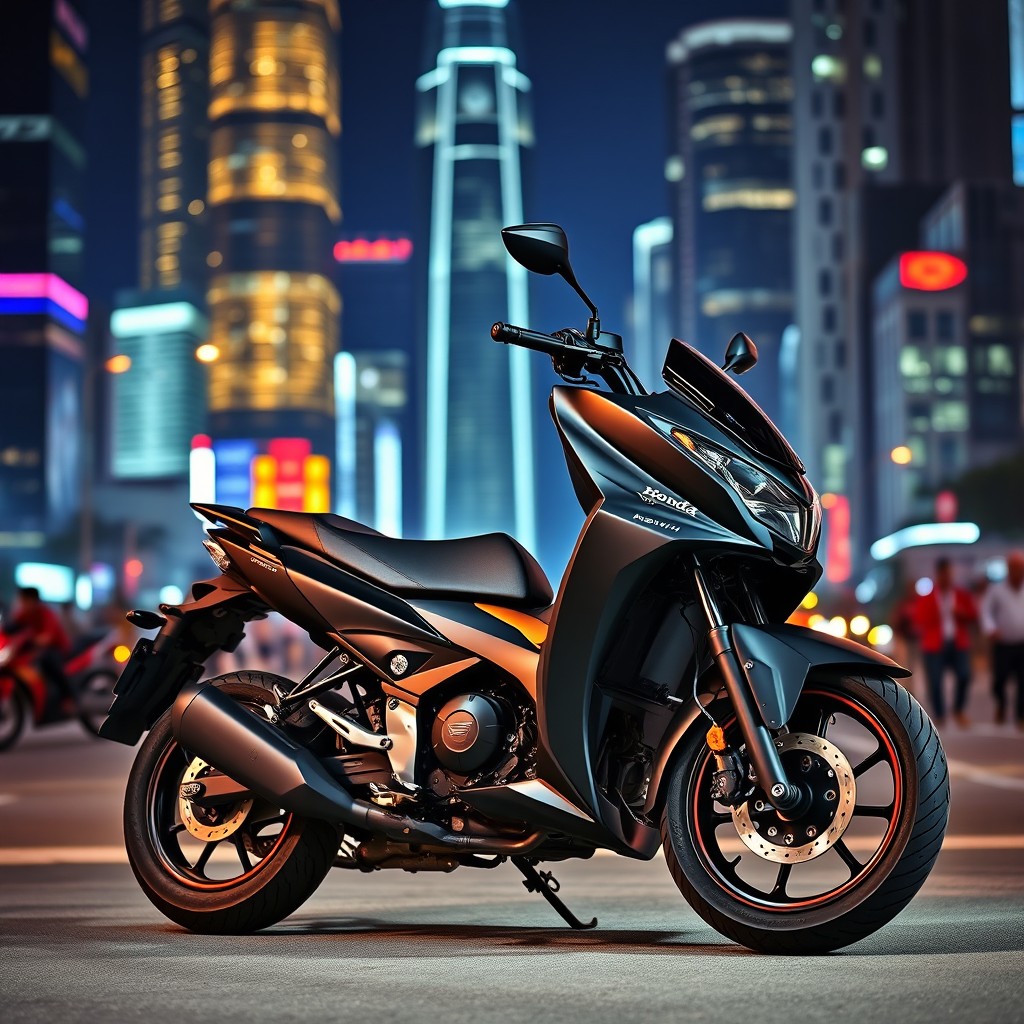 A Honda Navi motorcycle, featuring a sleek all-black design, displayed at night in a vibrant urban environment