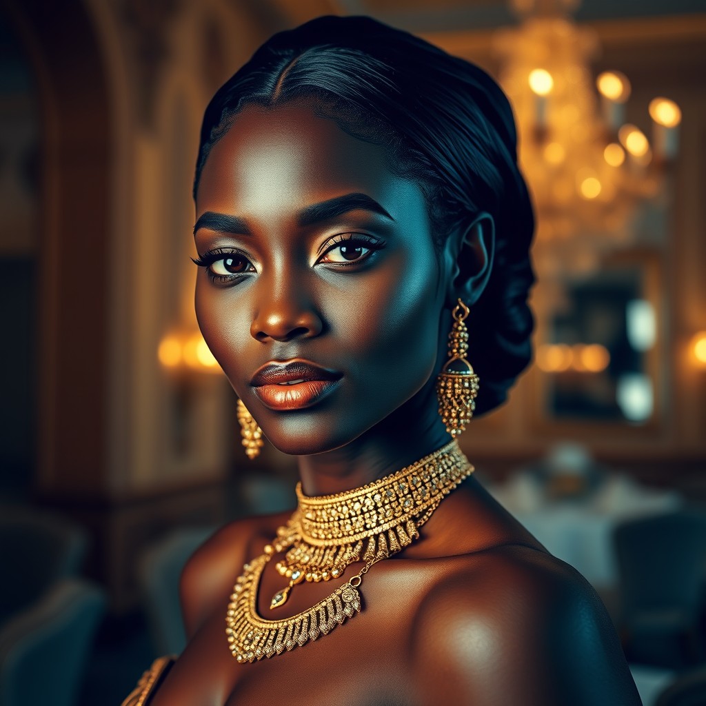 A striking portrait of an elegant ebony woman, showcasing her radiant skin and captivating features