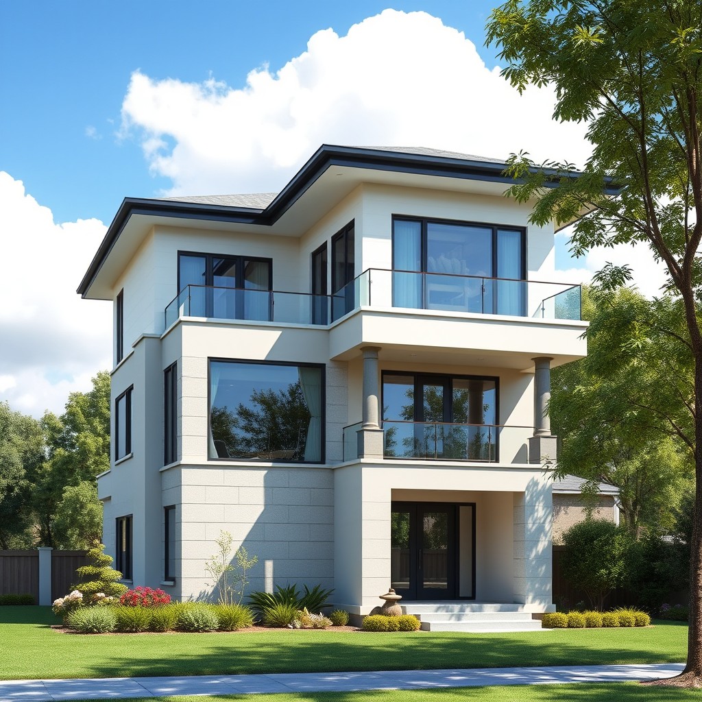 A beautifully designed two-story house, with the upper floor positioned next to the lower one rather than above