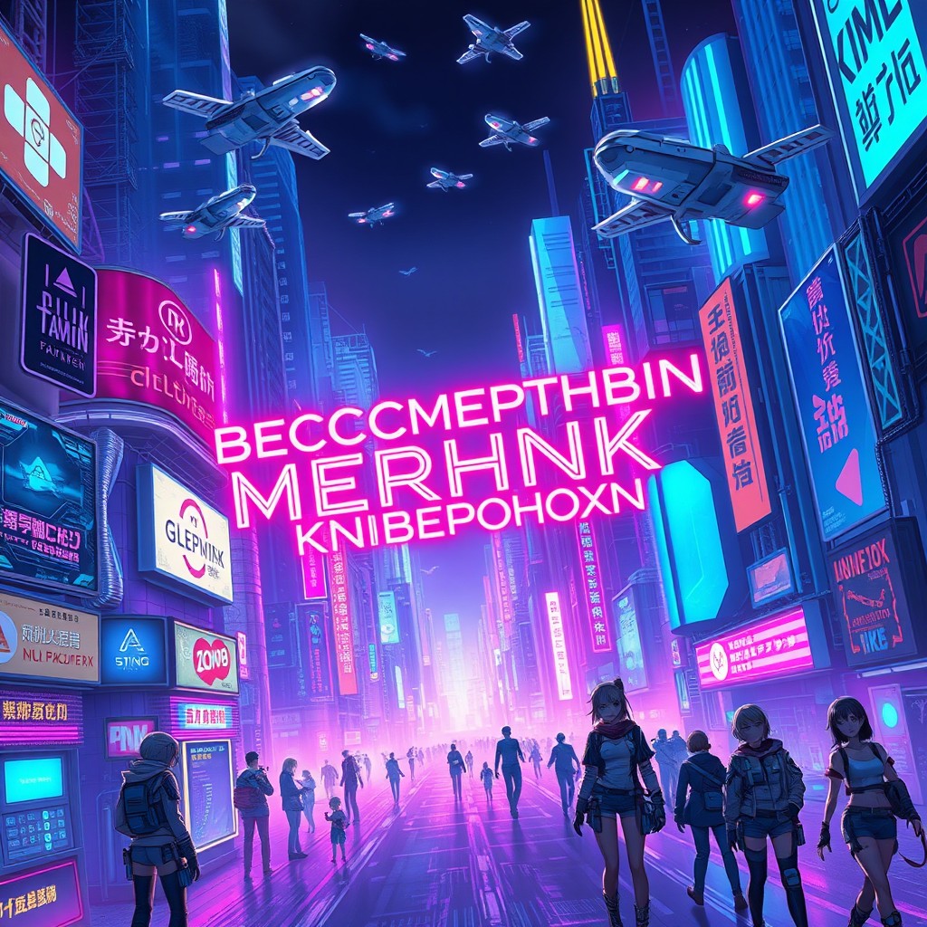 An intricate cyberpunk anime design featuring the phrase 'BECCMEPTHBIN MERHNK KNBEPOHOXN' embedded in neon futuristic typography