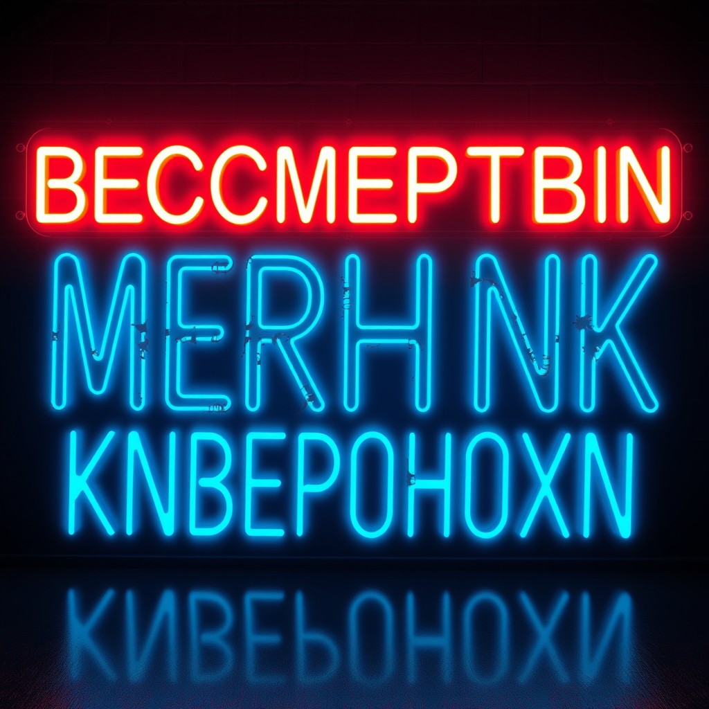 A neon sign styled text reading 'BECCMEPTHBIN MERHNK KNBEPOHOXN', designed for a cyber anime aesthetic