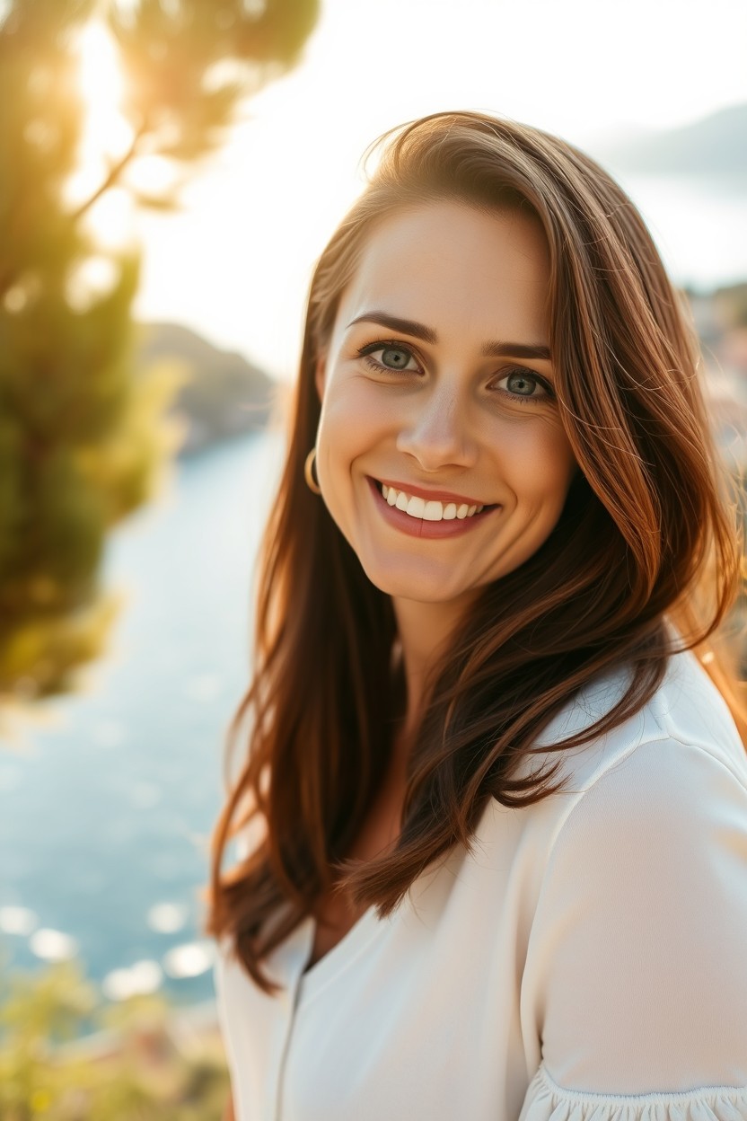 A charming and romantic scene featuring a 40-year-old woman with long brown hair, smiling gracefully against the picturesque backdrop of Elba Island in Tuscany