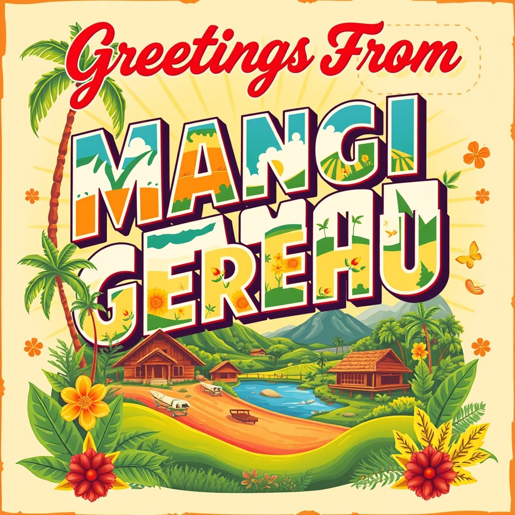 A vibrant vintage-style postcard poster that reads "Greetings From MANGI GEREHU" prominently