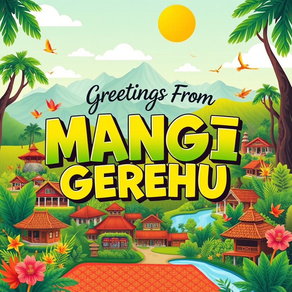 A vibrant and eye-catching poster design featuring the phrase 'Greetings From MANGI GEREHU' at the center in bold, playful typography