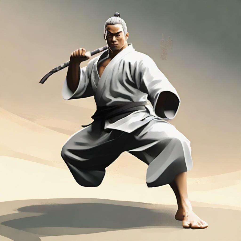 Create an image of Gojo, a revered martial artist, showcasing his skills. Have him in a focused pose within a serene dojo, ready for battle. Highlight his unique features and fighting style