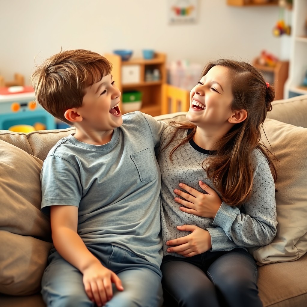 A playful scene featuring a young boy gently covering a woman's mouth with his hand while he tickles her stomach