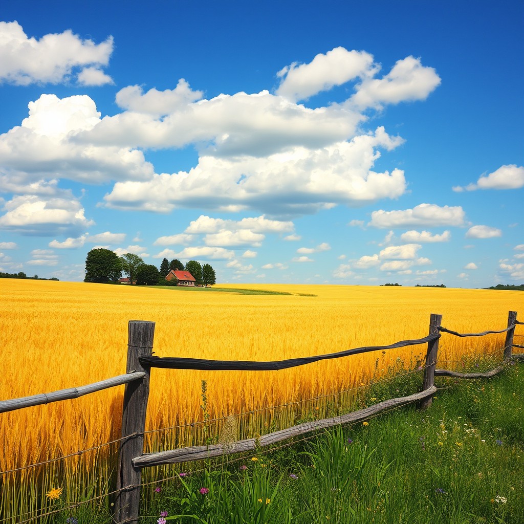 A serene landscape showcasing a vast golden field of wheat swaying gently in the breeze under a bright blue sky dotted with fluffy white clouds