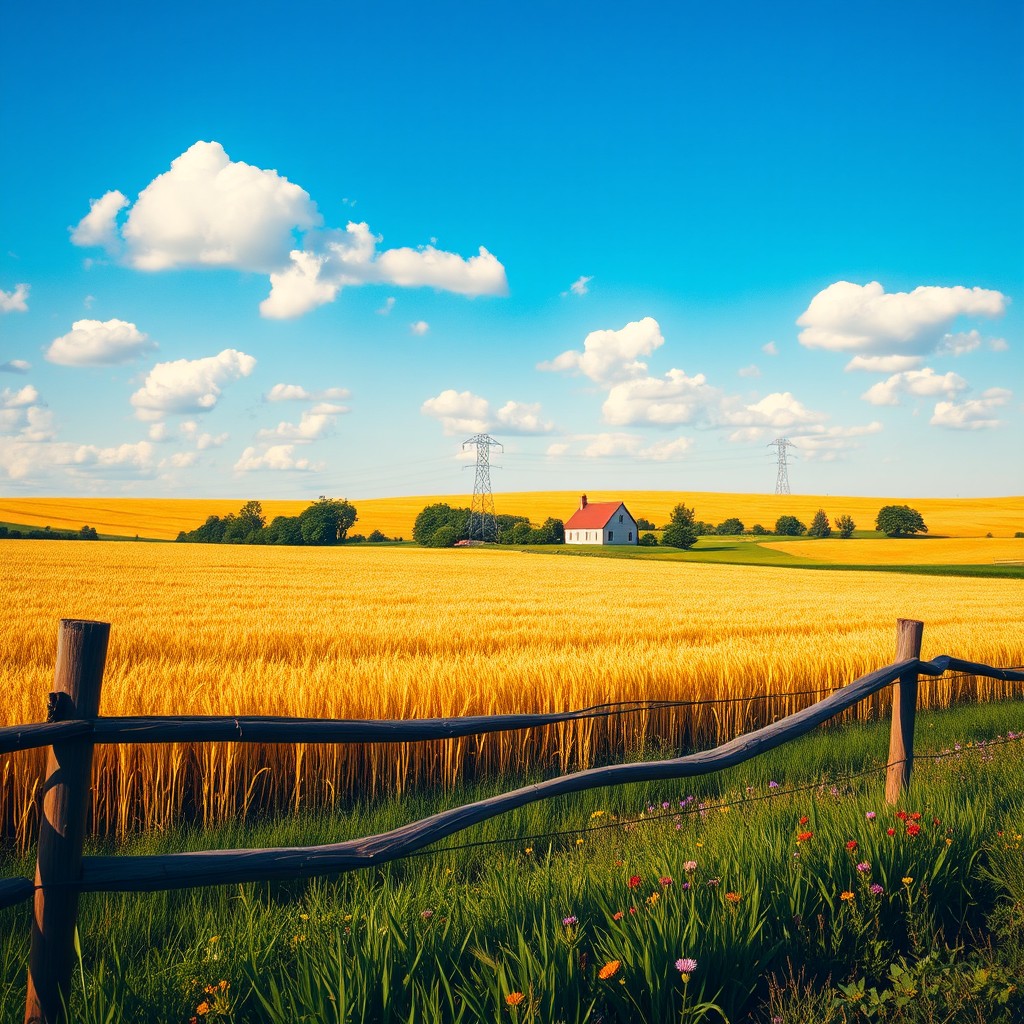 A serene landscape showcasing a vast golden field of wheat swaying gently in the breeze under a bright blue sky dotted with fluffy white clouds