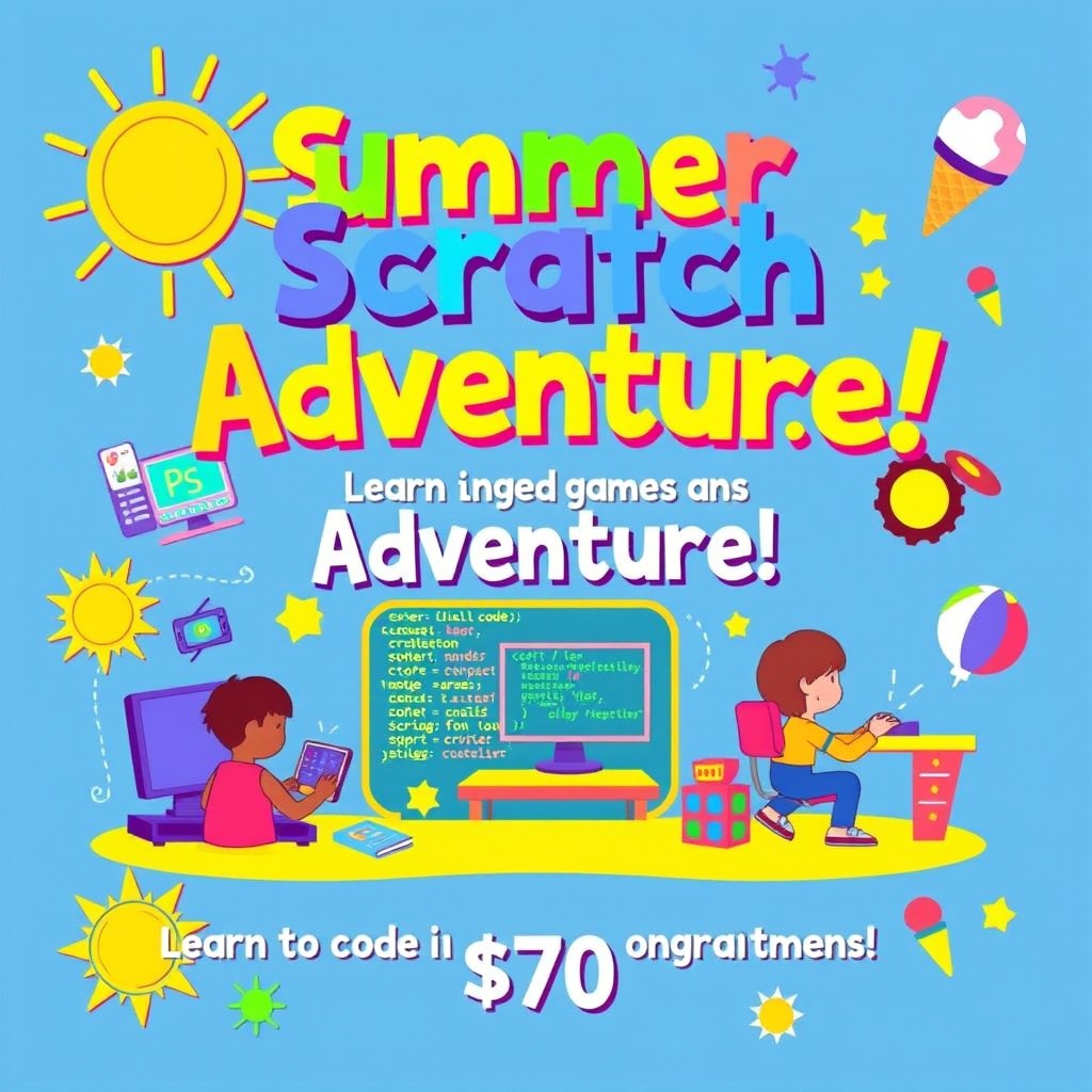 A vibrant and engaging poster design for a summer Scratch programming tutorial aimed at ages 8 to 16
